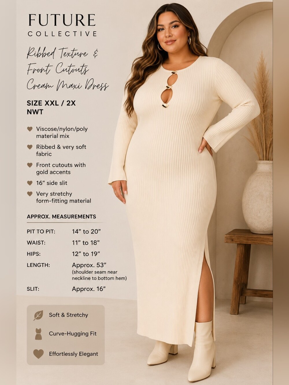 Future Collective XXL Cream Ribbed Cutout Maxi Sweater Dress Gold Accents NWT